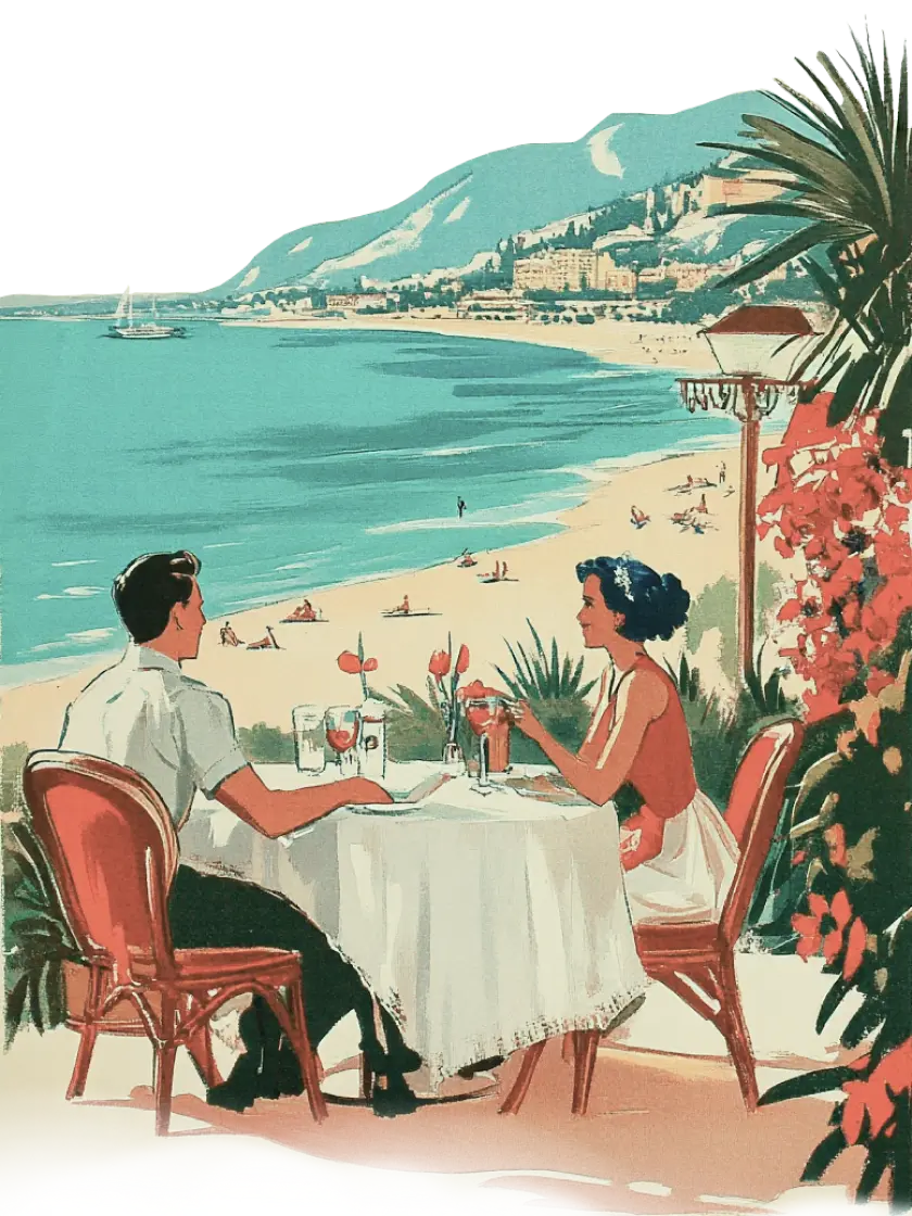 Man and woman dining at a seaside restaurant with a view of the beach and mountains